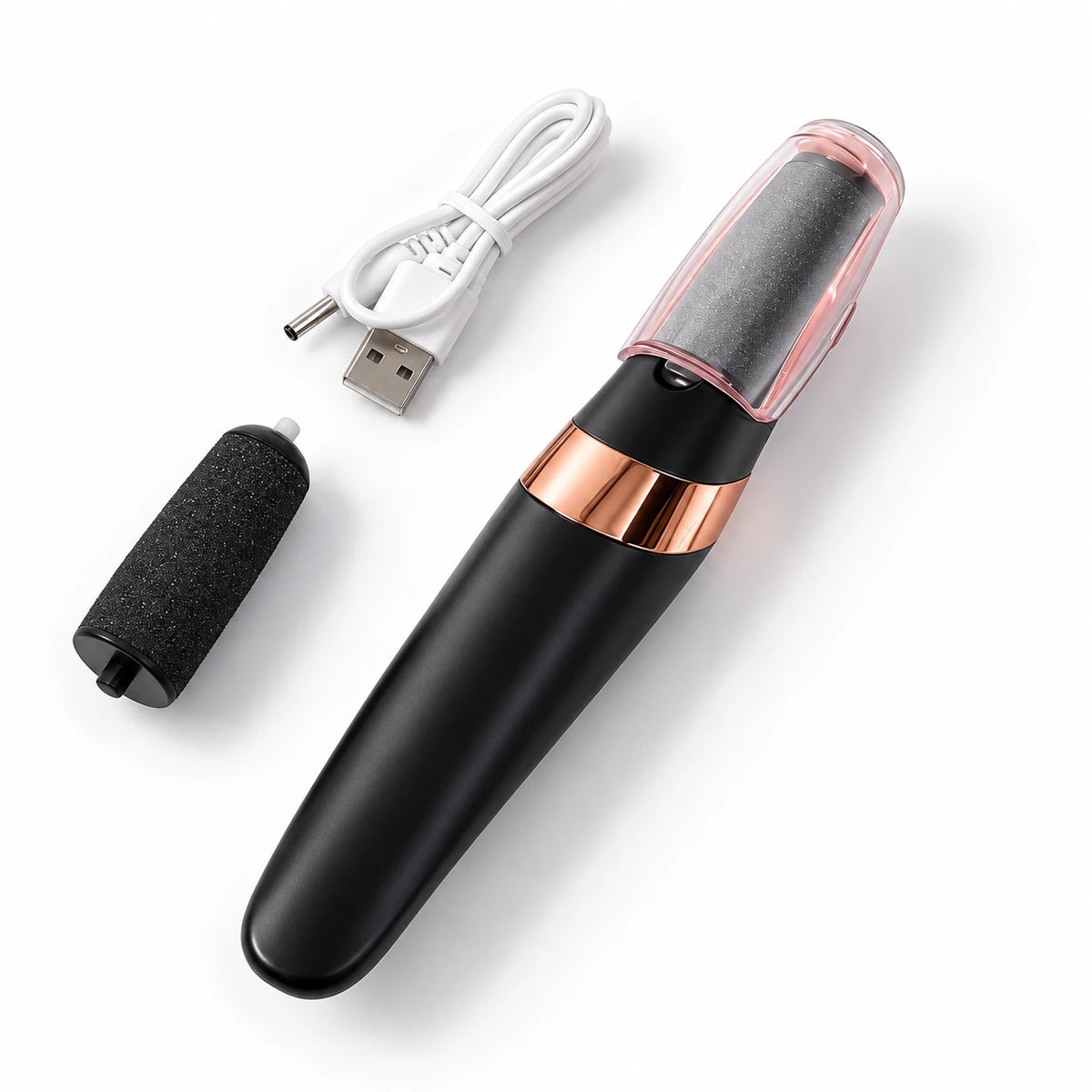 Dyliss CloudStep preto com o cabo de carregamento USB e o rolo sobresselente incluídos