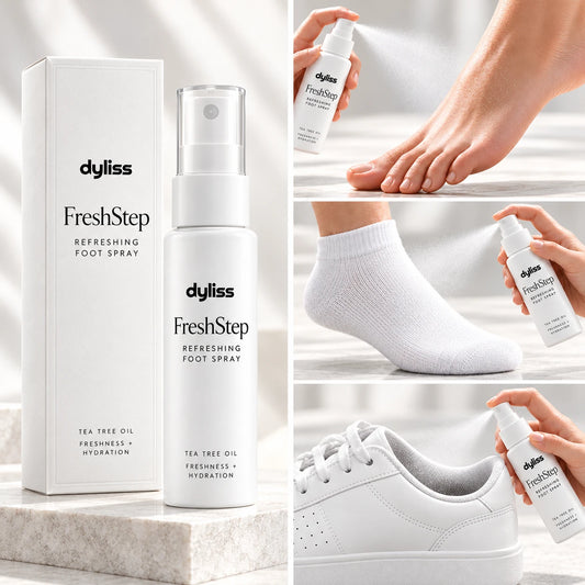 Dyliss FreshStep, spray refrescante para pés com óleo de melaleuca, ao lado da embalagem e a ser pulverizado nos pés, nas meias e dentro de um ténis